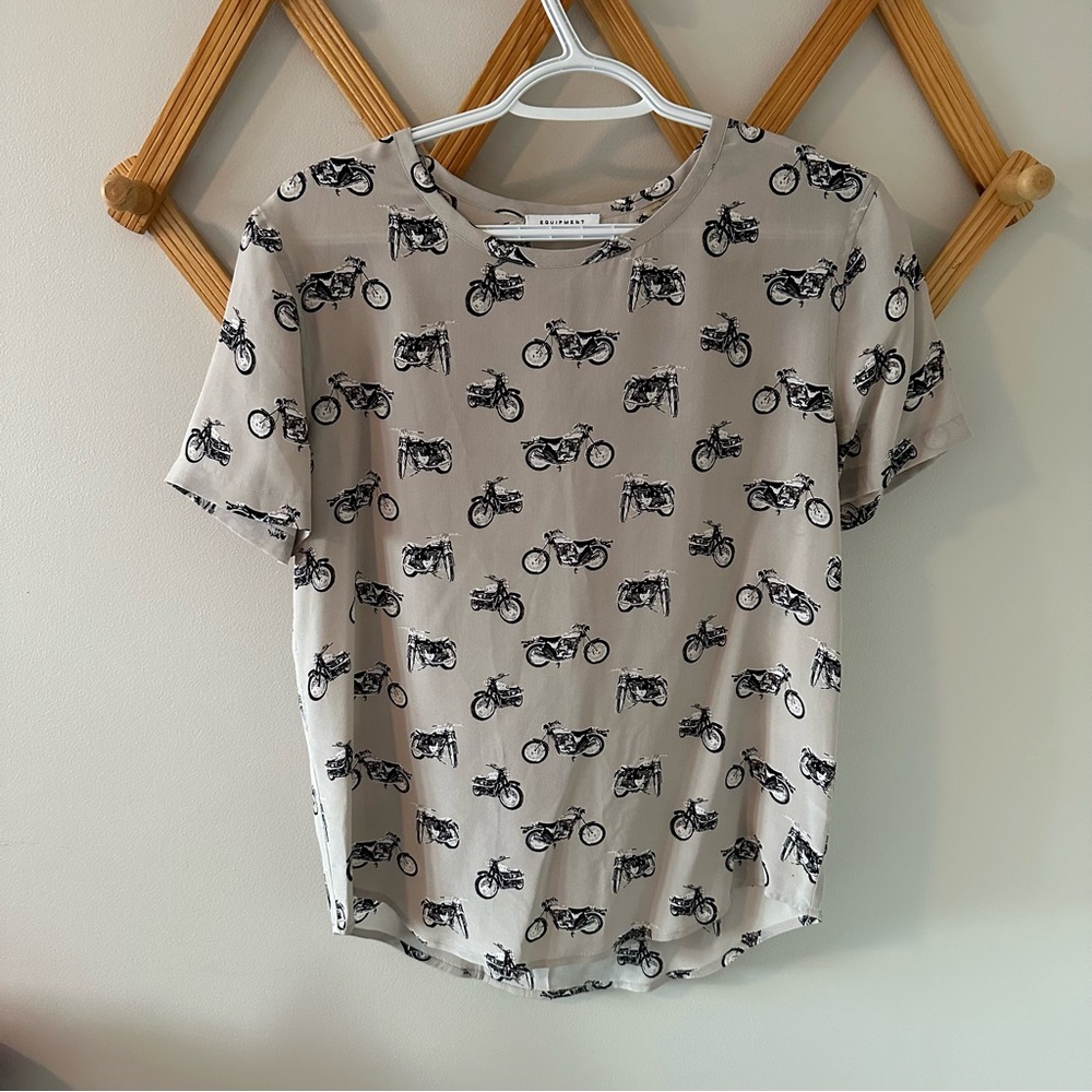 Equipment Beige Motorcycle Print Silk Tee